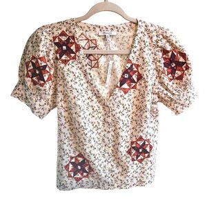 NWT XS 100% Cotton Madewell Embroidered Quilt Patchwork Puff Sleeve Blouse Cream